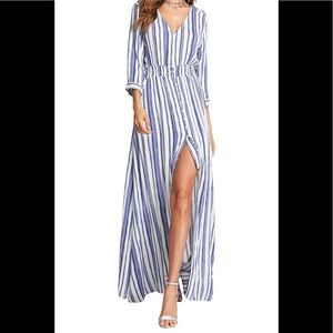 Striped Button Up Half Sleeve Split Maxi Dress